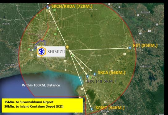 แผนที่แสดงระยะทางจากโรงงาน SHIMIZU ไปยังลูกค้าหลัก ภายในรัศมี 100 กม.